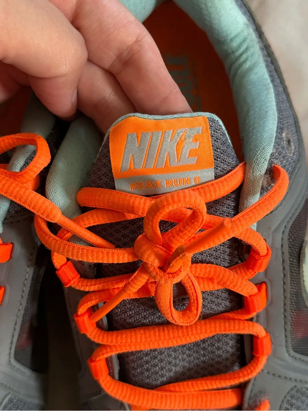 Nike Reax Run 8 Gray Sneakers with Bright Orange Laces and Mint Accents